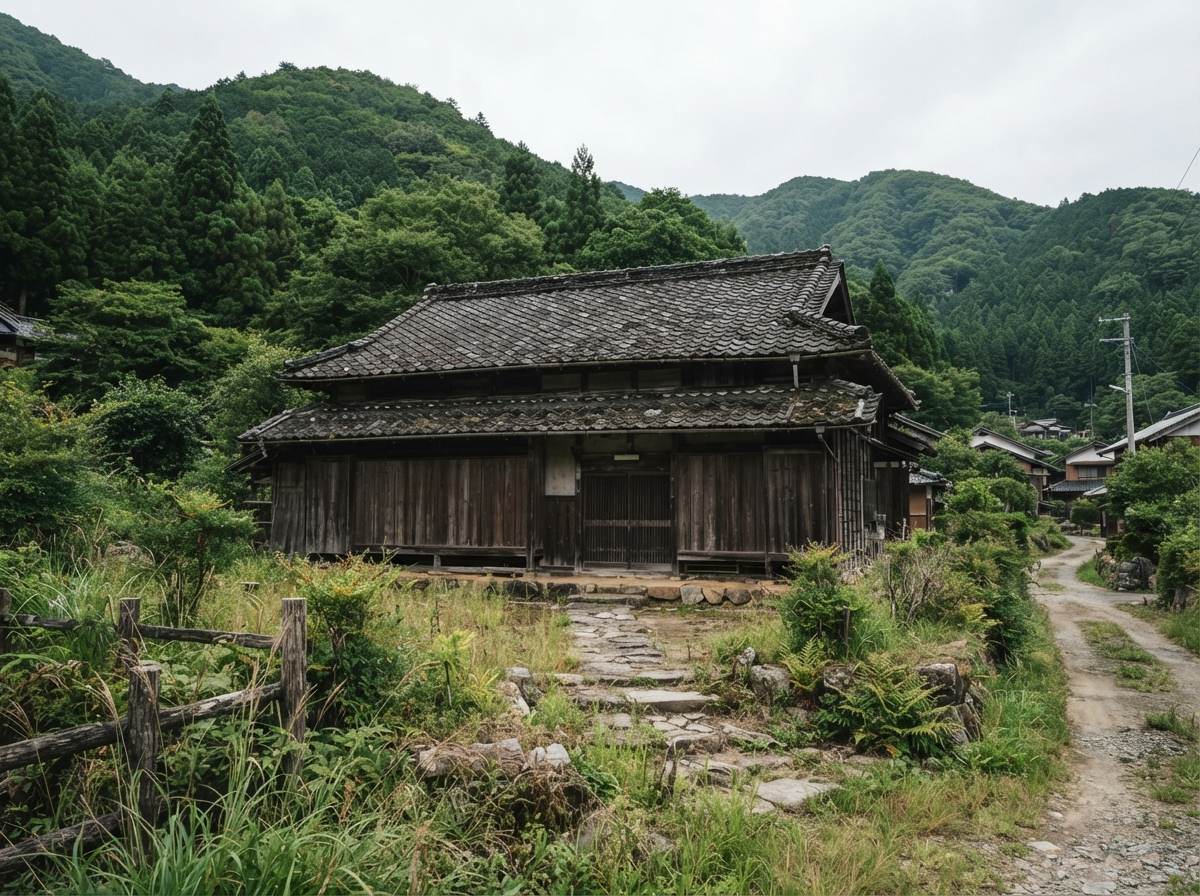 山あいの集落に建つ、瓦屋根の古い木造の家。田舎の空き家のイメージ