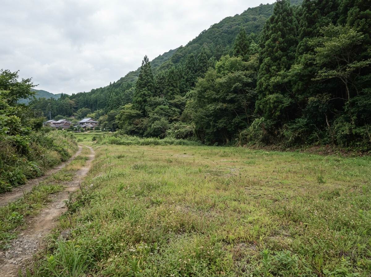 山林のふもとに広がる、建物のない空き地のイメージ