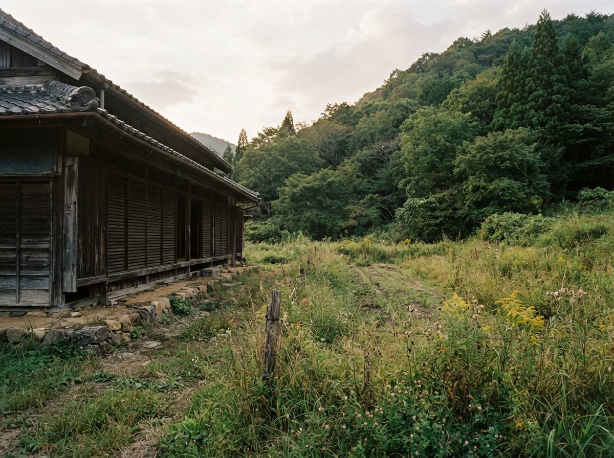 古い家の裏に広がる、耕作されていない畑のイメージ