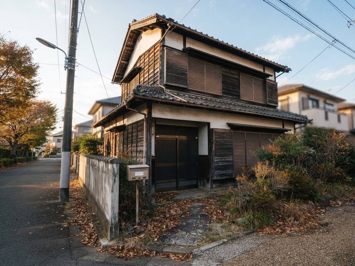 住宅街の角に建つ、雨戸が閉まった古い瓦屋根の2階建ての家。玄関まわりに落ち葉がたまり、庭木や草が伸びた空き家のイメージ