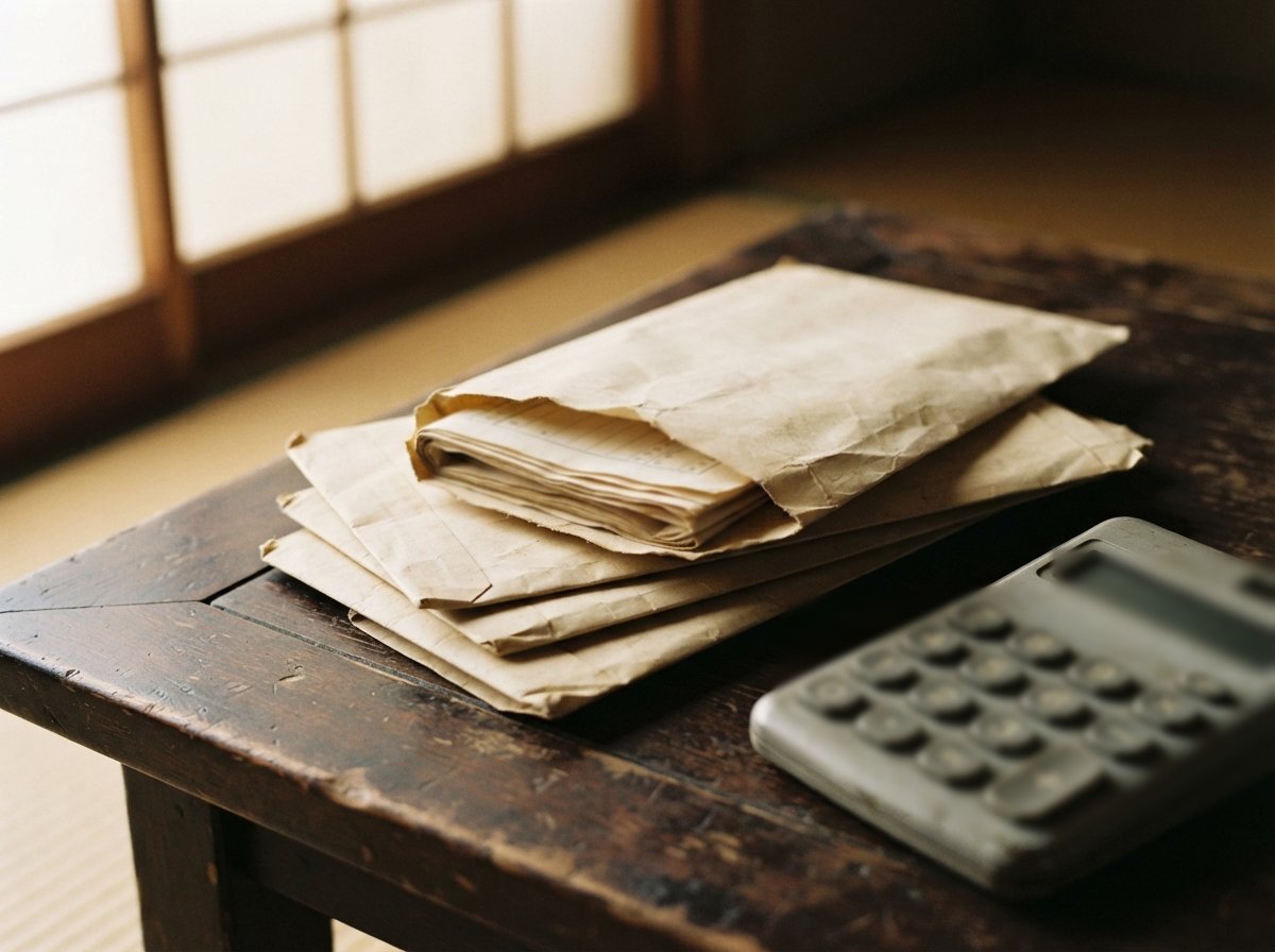 古い木の座卓の上に置かれた古い封筒の束と、封筒からのぞく書類、電卓のイメージ