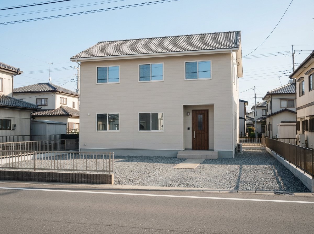 晴れた日の住宅街に建つ、ベージュの外壁の2階建ての戸建てのイメージ