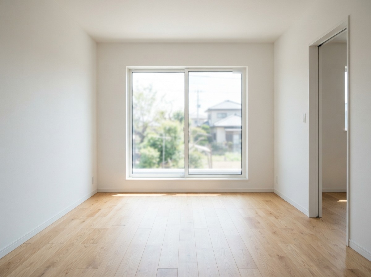 窓から日が差す、白い壁とフローリングの家具のない部屋のイメージ
