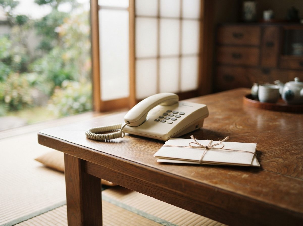 居間の低いテーブルに置かれた電話と封筒。業者からの勧誘や契約の連絡を受ける場面のイメージ