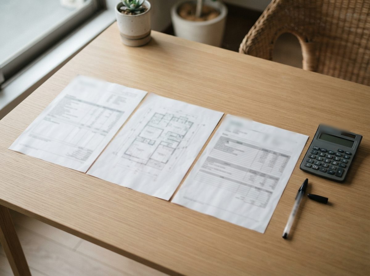 机の上に並べた書類と電卓。複数の業者の査定を比べるイメージ