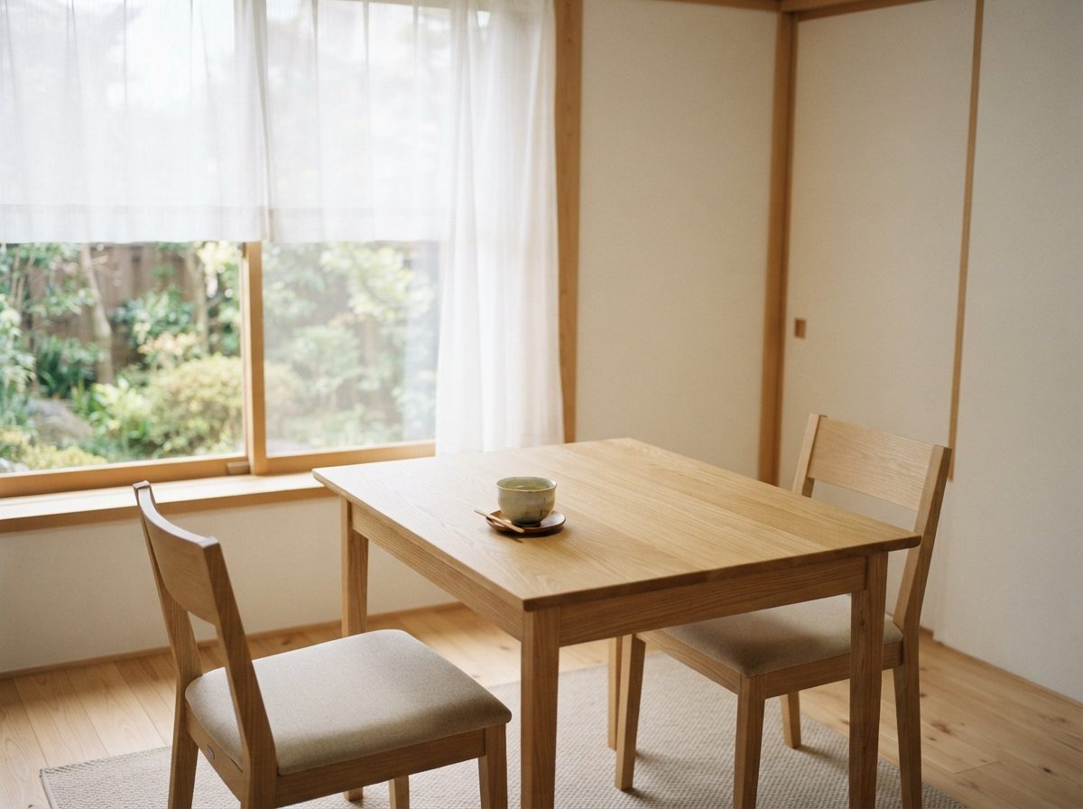 窓から光の入る明るい部屋のテーブルと椅子のイメージ