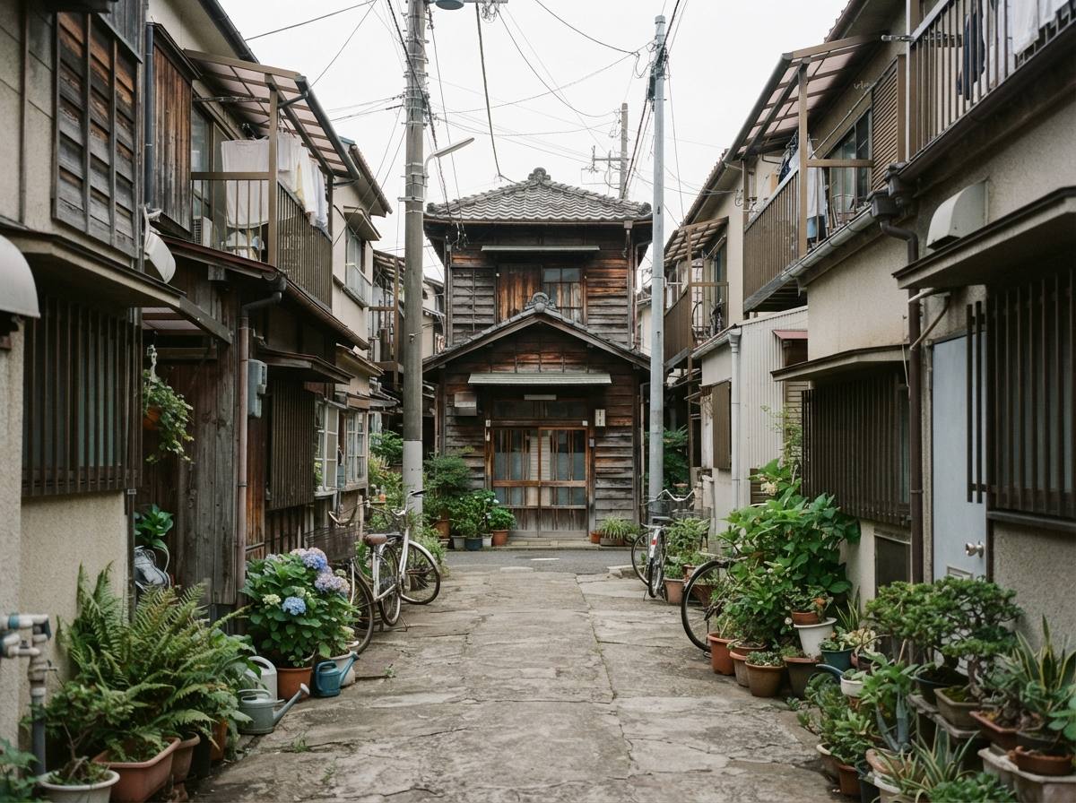 細い路地の奥に建つ、古い2階建ての木造住宅。両側に家が建ち並び、鉢植えが並ぶ通路の先にある