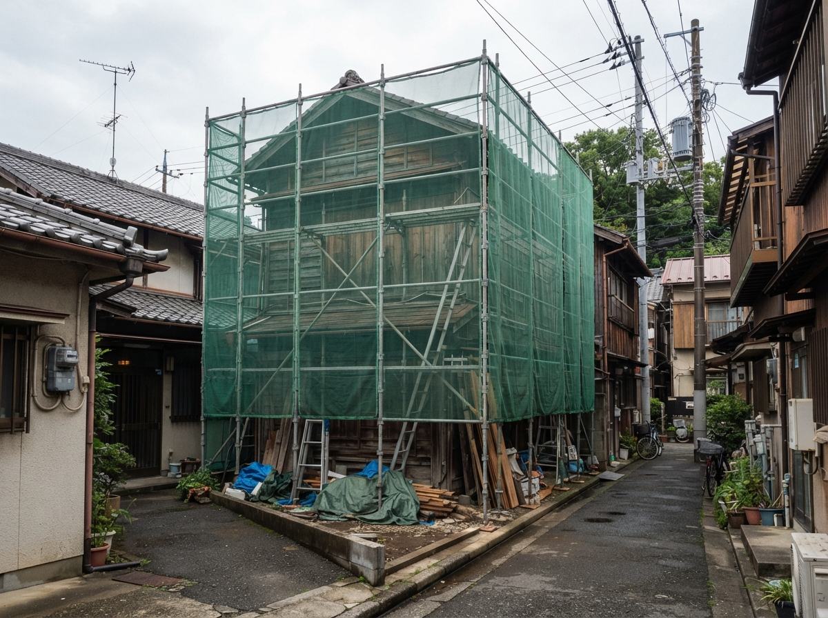 足場と養生シートに覆われてリフォーム中の、古い2階建ての木造住宅のイメージ