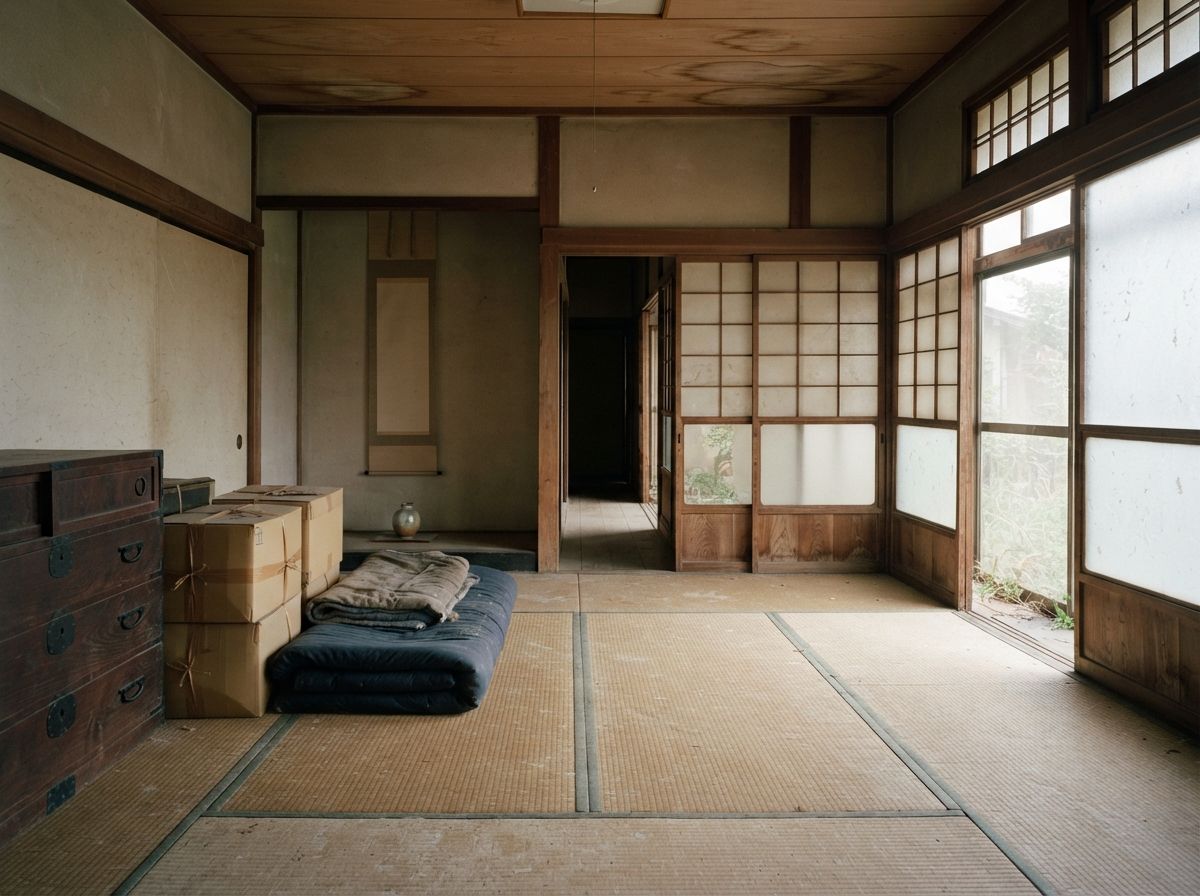 家財や段ボール、布団が残ったままの、古い空き家の和室