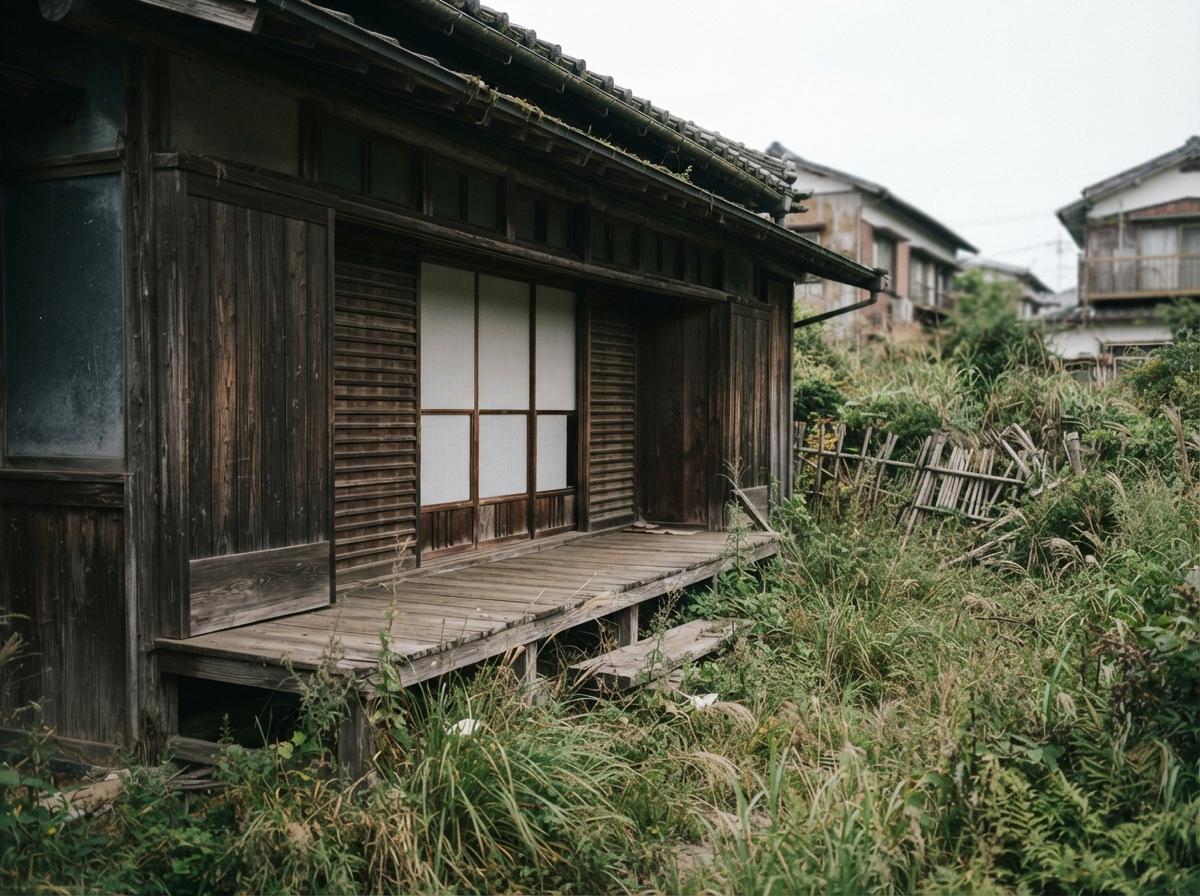使われていない家の縁側と、草が伸び始めた庭のイメージ