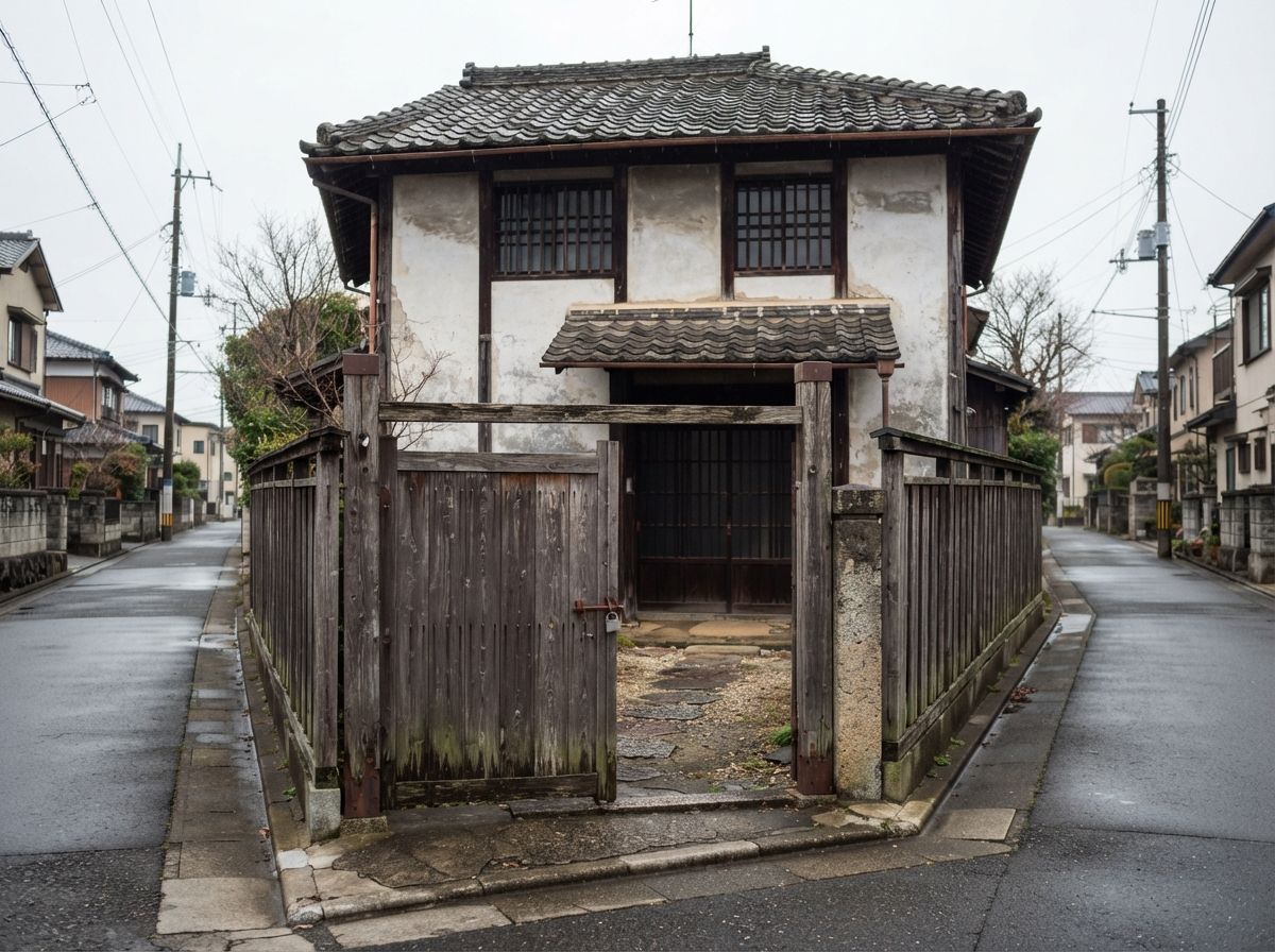 木の門と板塀に囲まれた、瓦屋根の古い2階建ての家のイメージ