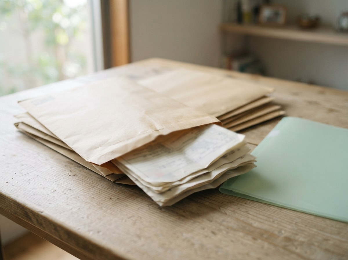 木の机の上に置かれた茶封筒と書類の束、薄い緑のクリアファイルのイメージ